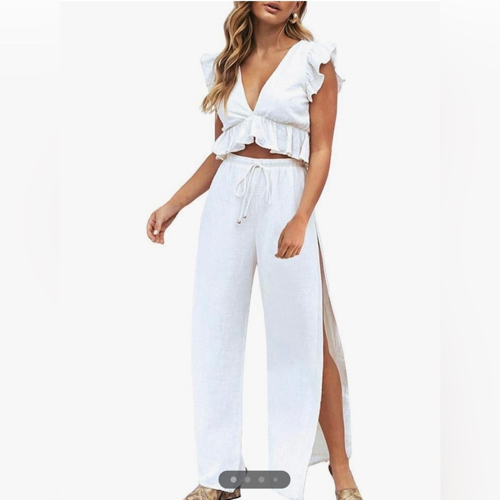 FANCYINN White Deep V Neck Crop Top Side Slit Drawstring Wide Leg Pants Set NWT